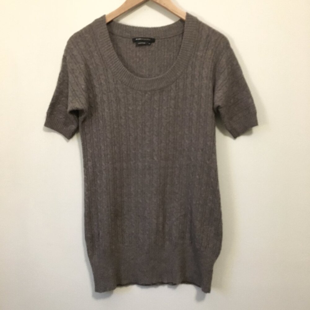 BCBGMaxAzria M Angora Wool Blend Fuzzy Cable Knit Short Sleeve Sweater Tee Clay